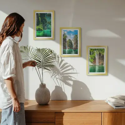 Green landscapes with waterfalls and rocks framed triptych