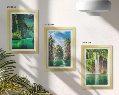 Green landscapes with waterfalls and rocks framed triptych