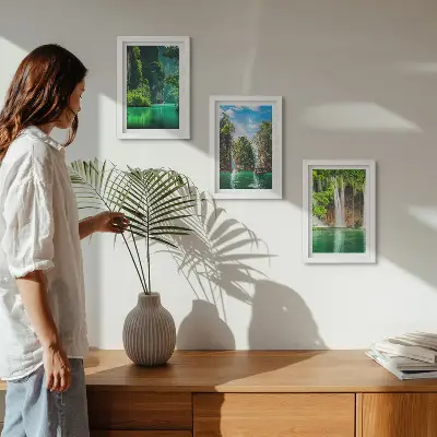 Green landscapes with waterfalls and rocks framed triptych