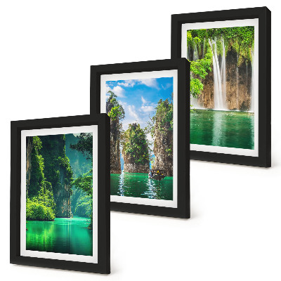 Framed triptych Green landscapes with waterfalls and rocks