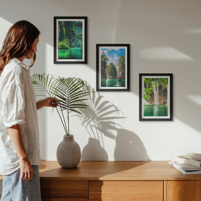 Framed triptych Green landscapes with waterfalls and rocks