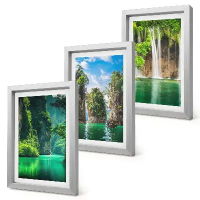 Green landscapes with waterfalls and rocks framed triptych