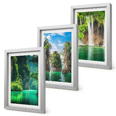 Framed triptych Green landscapes with waterfalls and rocks