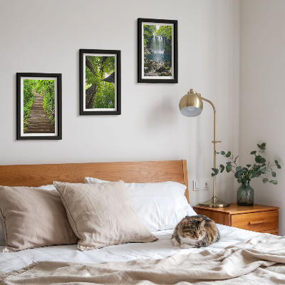 3-piece wall art set Forest path with waterfall and green vegetation