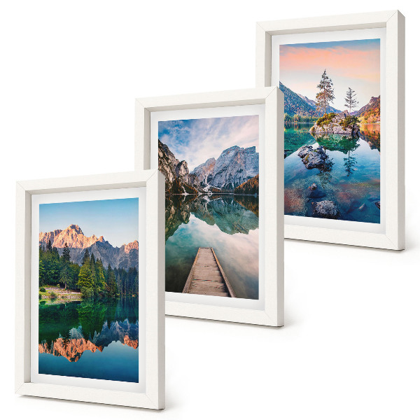 Framed triptych Mountain lakes with reflections in the water and forest