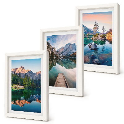 Framed triptych Mountain lakes with reflections in the water and forest