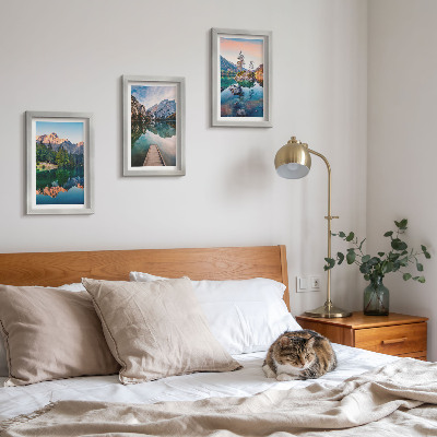 Framed triptych Mountain lakes with reflections in the water and forest