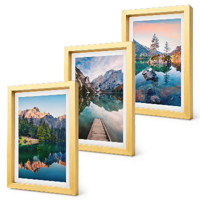 Framed triptych Mountain lakes with reflections in the water and forest