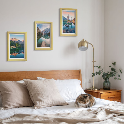 Framed triptych Mountain lakes with reflections in the water and forest