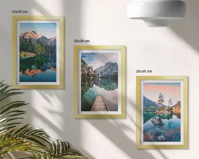 Mountain lakes with forest and reflection triptych framed wall art set
