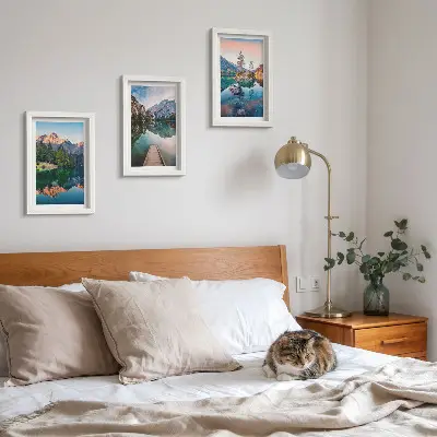 Mountain lakes with forest and reflection triptych framed wall art set