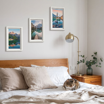 Framed triptych Mountain lakes with reflections in the water and forest