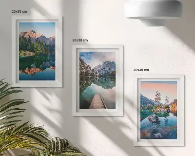 Mountain lakes with forest and reflection triptych framed wall art set