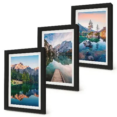 Mountain lakes with forest and reflection triptych framed wall art set