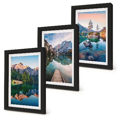 Framed triptych Mountain lakes with reflections in the water and forest