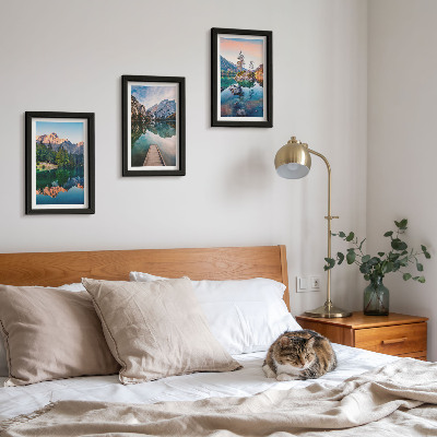 Framed triptych Mountain lakes with reflections in the water and forest