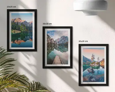 Mountain lakes with forest and reflection triptych framed wall art set