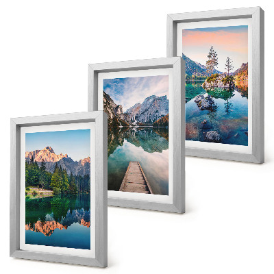 Framed triptych Mountain lakes with reflections in the water and forest