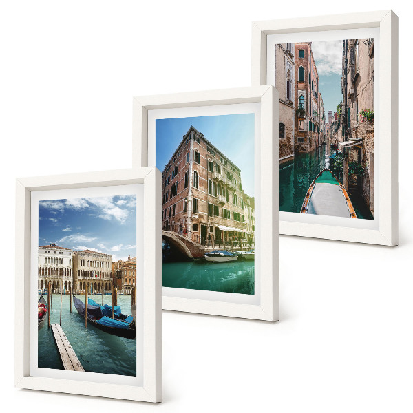 Framed triptych Views of Venice with canals and urban architecture