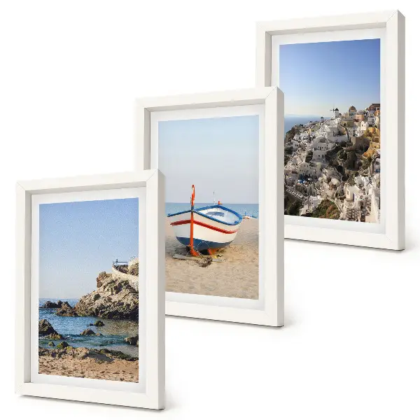 3-piece wall art set seaside view with boat and white houses in Greece