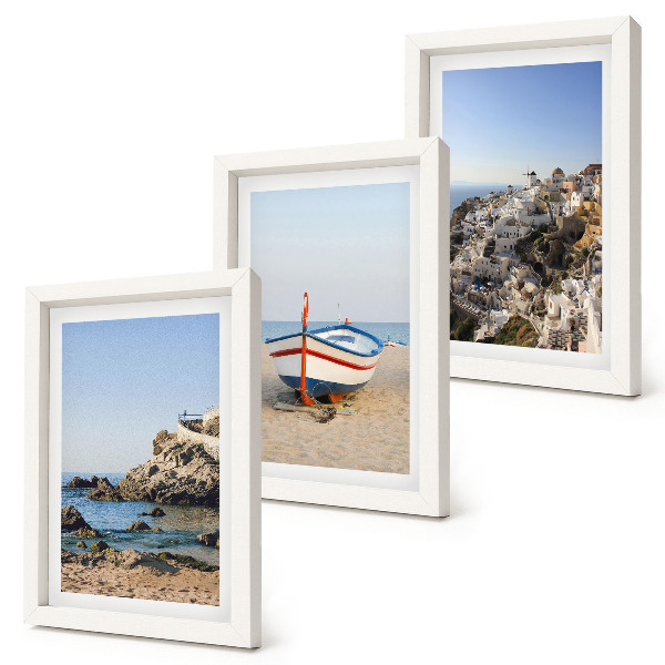 3-piece wall art set Seaside views with boat and white houses Greece