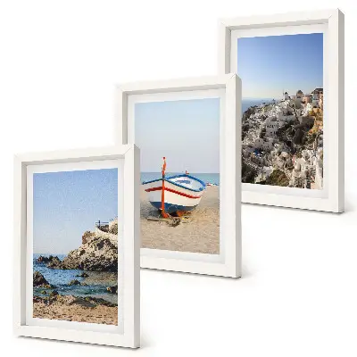 3-piece wall art set seaside view with boat and white houses in Greece