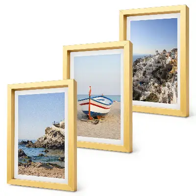 3-piece wall art set seaside view with boat and white houses in Greece