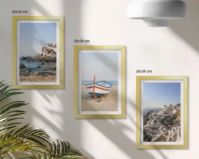 3-piece wall art set seaside view with boat and white houses in Greece