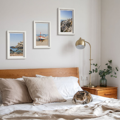 3-piece wall art set Seaside views with boat and white houses Greece