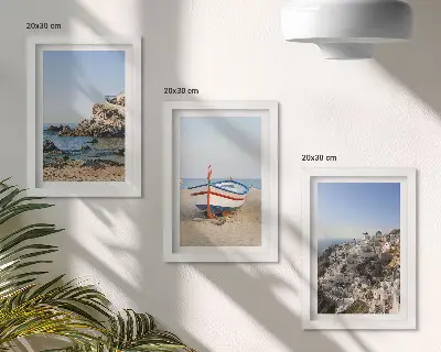 3-piece wall art set seaside view with boat and white houses in Greece