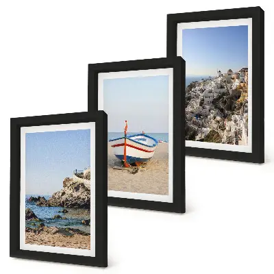 3-piece wall art set seaside view with boat and white houses in Greece