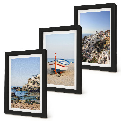 3-piece wall art set Seaside views with boat and white houses Greece