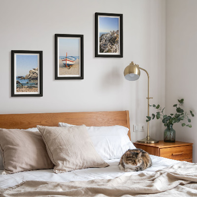 3-piece wall art set Seaside views with boat and white houses Greece