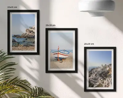3-piece wall art set seaside view with boat and white houses in Greece