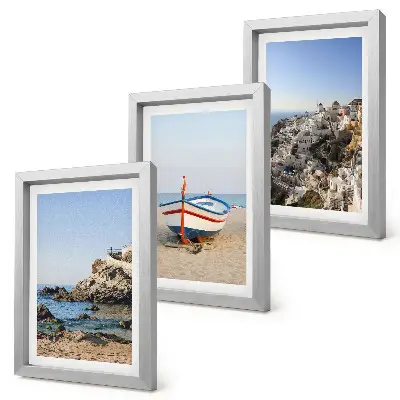 3-piece wall art set seaside view with boat and white houses in Greece