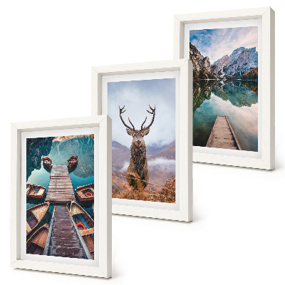 Photo frame wall Lake with boats, deer and mountain landscape