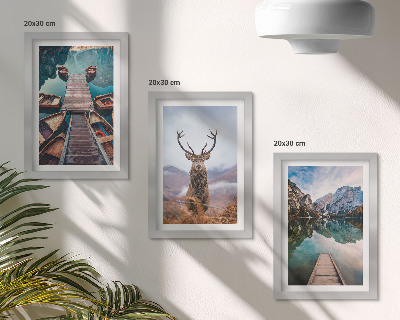Photo frame wall Lake with boats, deer and mountain landscape