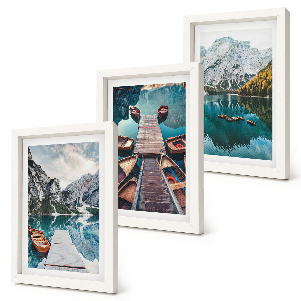 Framed triptych A lake with wooden piers and mountains