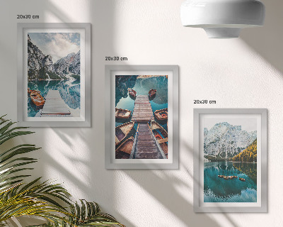 Framed triptych A lake with wooden piers and mountains