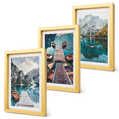 Framed triptych A lake with wooden piers and mountains
