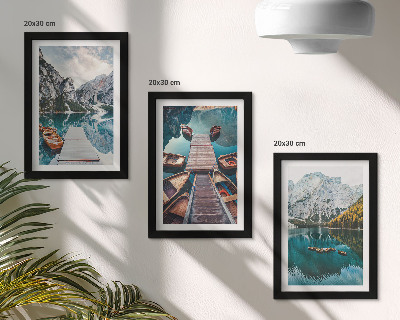Framed triptych A lake with wooden piers and mountains
