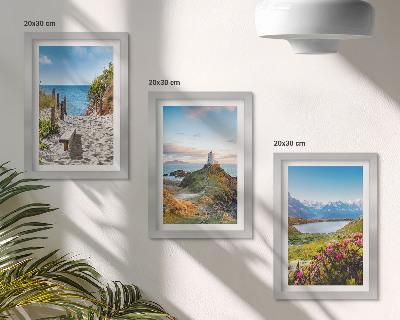 Photo frame wall View of the lighthouse beach, mountains and flowers