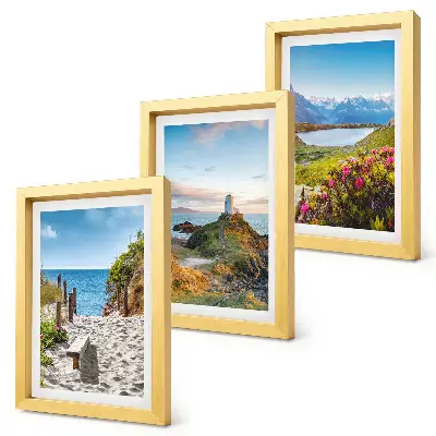 Photo frame wall gallery with view of the lighthouse beach, mountains and flowers