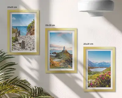 Photo frame wall gallery with view of the lighthouse beach, mountains and flowers