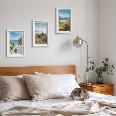 Photo frame wall View of the lighthouse beach, mountains and flowers