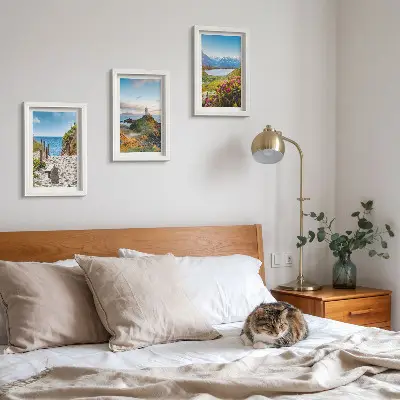 Photo frame wall gallery with view of the lighthouse beach, mountains and flowers