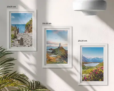 Photo frame wall gallery with view of the lighthouse beach, mountains and flowers