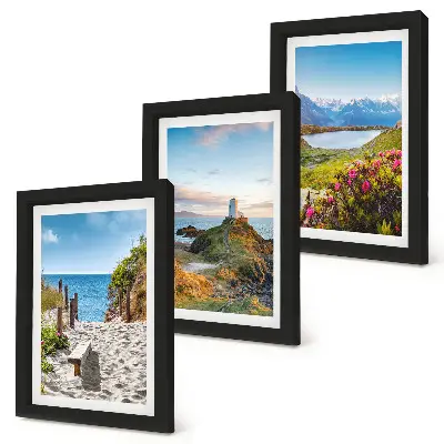 Photo frame wall gallery with view of the lighthouse beach, mountains and flowers