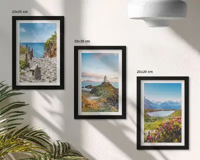 Photo frame wall gallery with view of the lighthouse beach, mountains and flowers