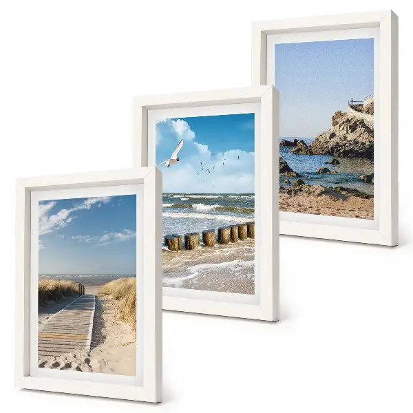 Beach with wooden path, sea and seaside cliffs framed triptych